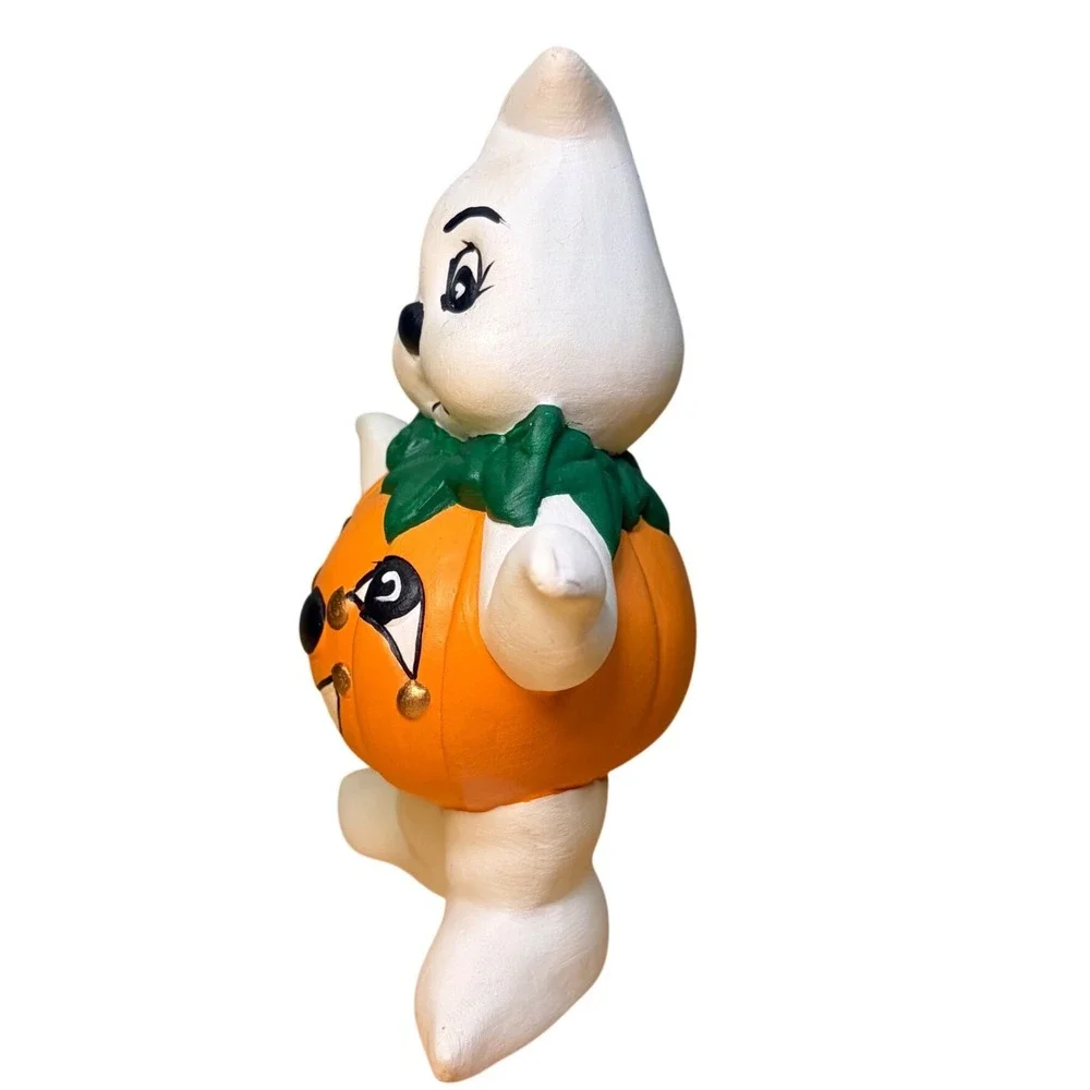 Vtg Ceramic Ghost Holding Pumpkin Figurine Halloween Jack O Lantern Sad Face